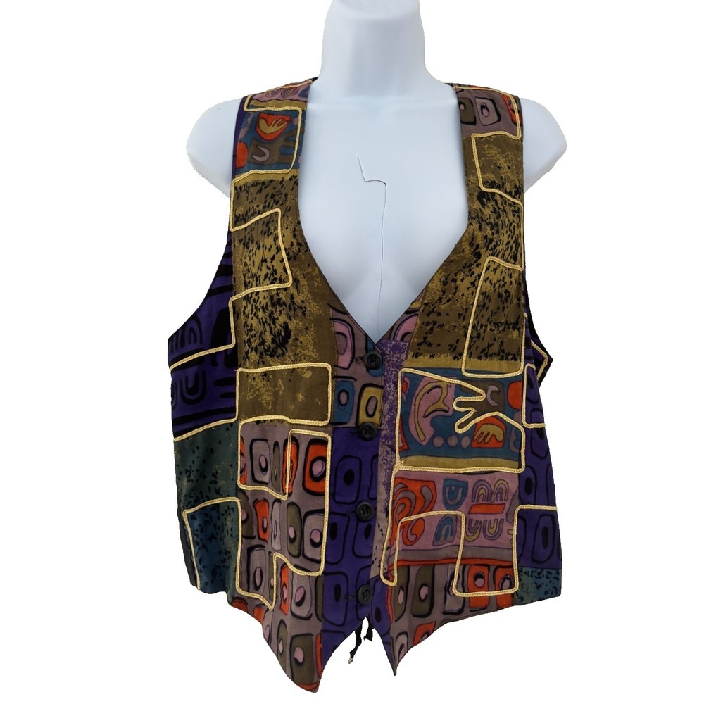 Vintage Jane Ashley Vest Womens Large Abstract Embroidered Boho Festival Lined